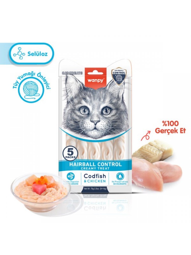 Wanpy Hairball Control Morina balığı & Tavuk 12'li-F.Krema Ödül 5x14gr