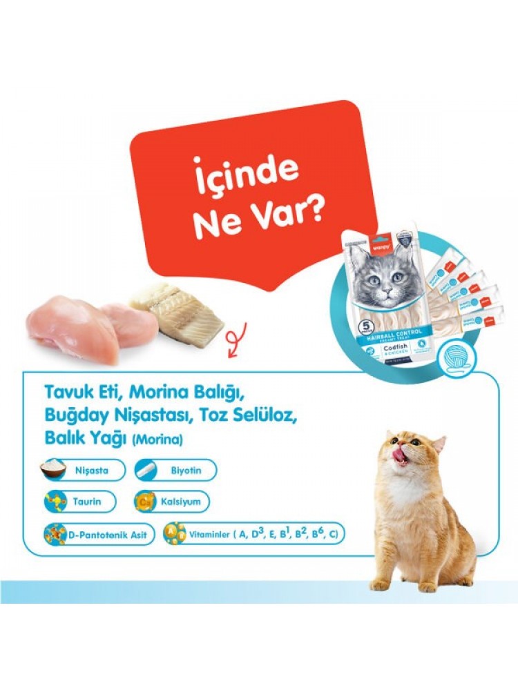 Wanpy Hairball Control Morina balığı & Tavuk 12'li-F.Krema Ödül 5x14gr